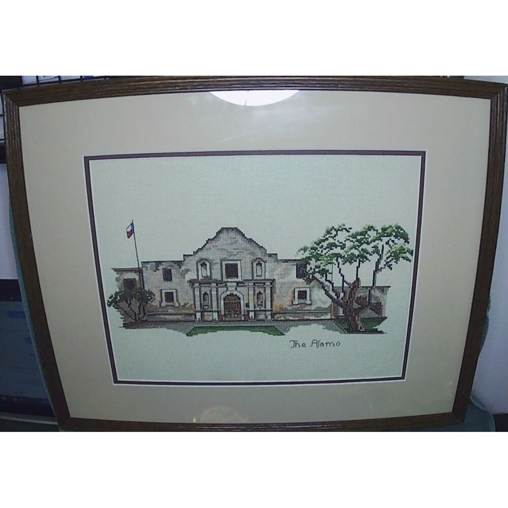 Vtg Cross Stitch, The Alamo Texas Framed 21"x17"